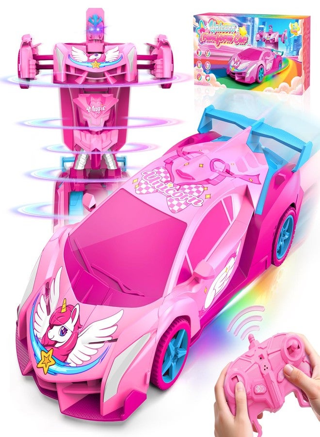 Hanroni Unicorn Transform RC Cars for Girls Toys with Rainbow Eyes & Underbody Lights, Fast 360°Rotation & 2.4GHz Robot Remote Control Car One-Button Deformation,Stocking Stuffers for 3-12 Year Old Girl Gifts - Image 1